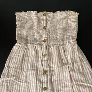 Linen, lined inside not transparent pink and white stripes sleeveless dress